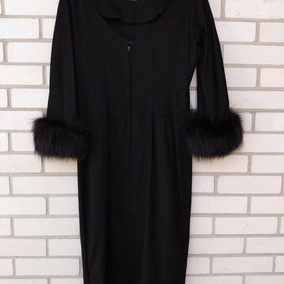 Vintage Black Dress with Fur Cuffs 38.25"B 50s 60s Retro Glamor Wide Neckline - Picture 9 of 16